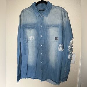 Pink Dolphin Men’s Long-Sleeve Distressed Denim Shirt SIZE XL